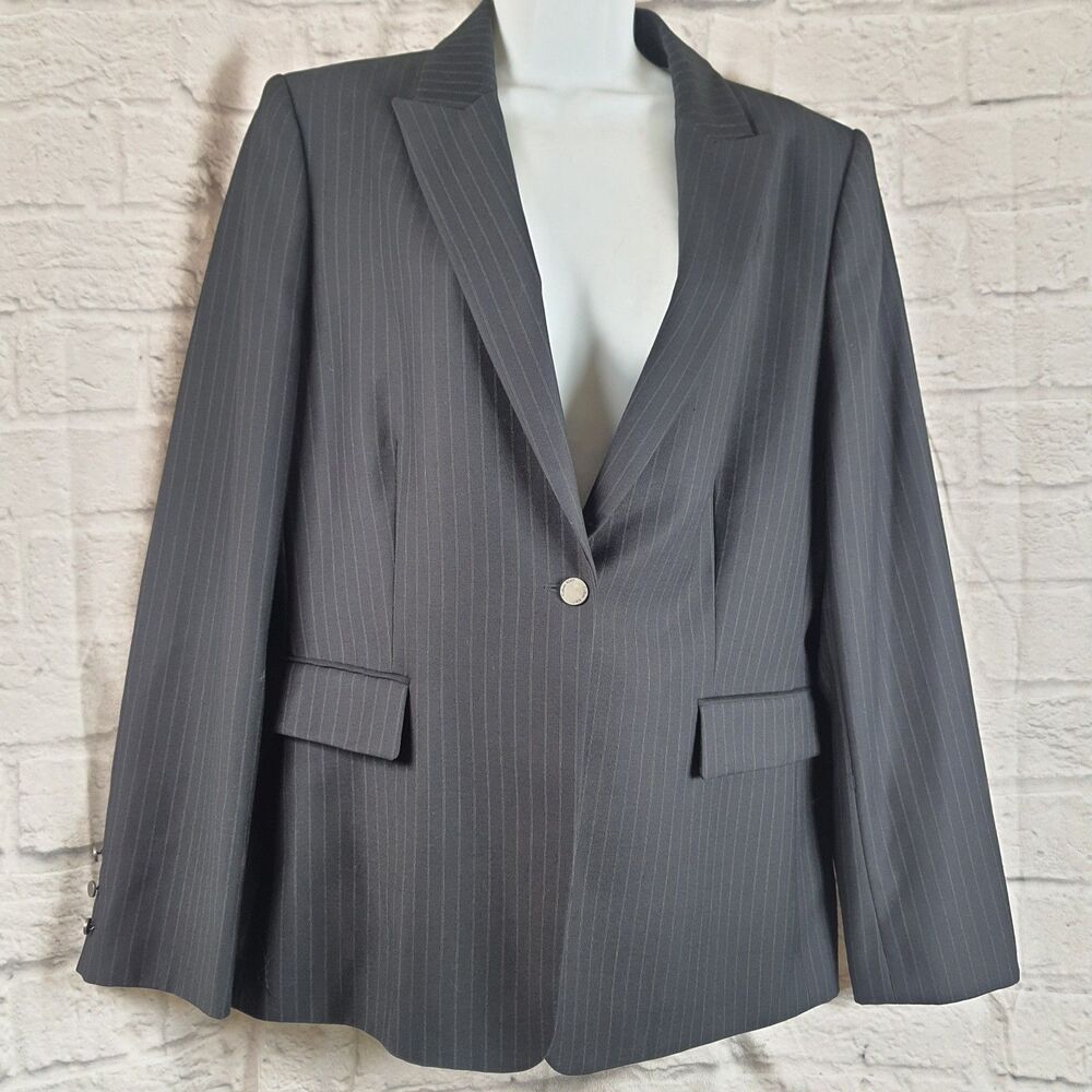 Calvin Klein Womens Blazer Size 14 Black Pinstripe Business Workwear NWOT